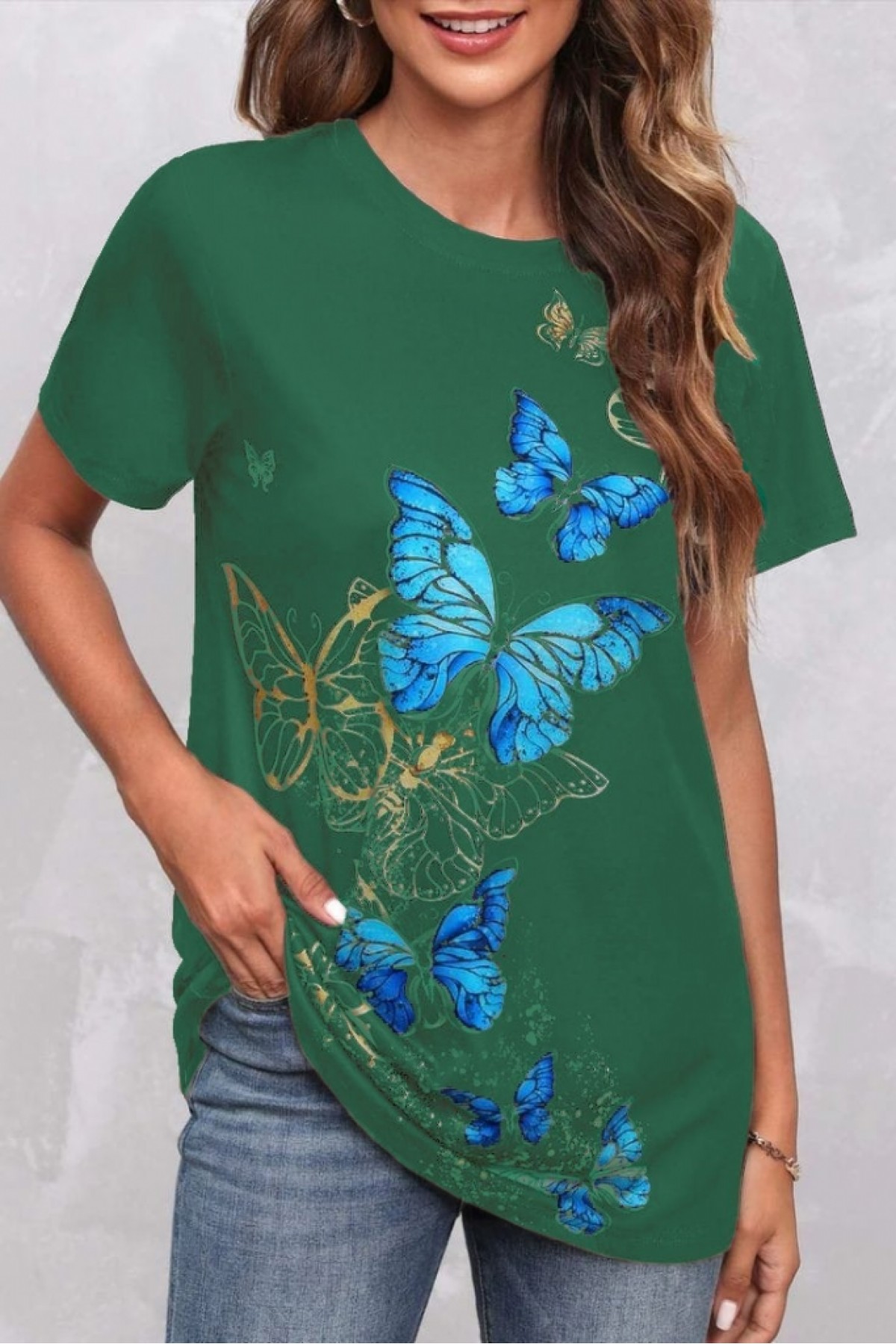 Women's Short Sleeve Blue Yellow Butterfly Printed Jersey Blouse, 23801
